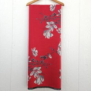Saachi Scarf Wrap Shawl Red Gray Floral Botanical Reversible Fringe Artsy 75x25